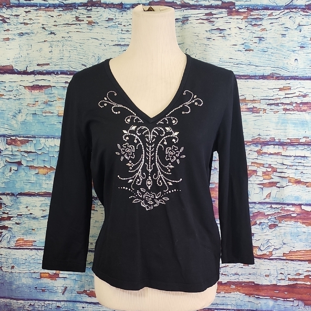 Black Graphic Embellished Blouse with Silver Accents
